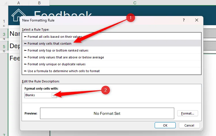 Hộp thoại &quot;New Formatting Rule&quot; trong Excel, với tùy chọn &quot;Format Only Cells That Contain&quot; và điều kiện &quot;Blanks&quot; được chọn để định dạng các ô trống.