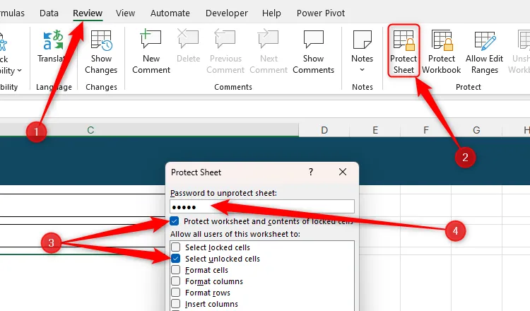 Hộp thoại &quot;Protect Sheet&quot; trong Excel, hiển thị tùy chọn bảo vệ bảng tính và nội dung các ô bị khóa, cùng với trường nhập mật khẩu để bảo mật dữ liệu.