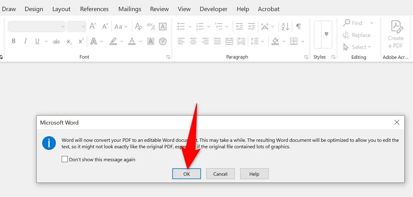 Hộp thoại thông báo của Microsoft Word khi mở file PDF, cảnh báo về thay đổi bố cục