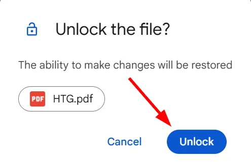 Hộp thoại xác nhận việc mở khóa tệp trong Google Drive, cho phép khôi phục khả năng chỉnh sửa.