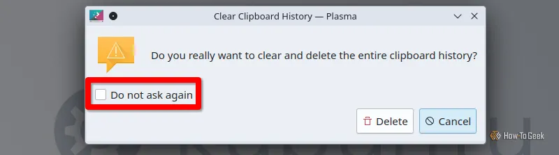 Hộp thoại xác nhận xóa lịch sử clipboard trên Kubuntu Linux.