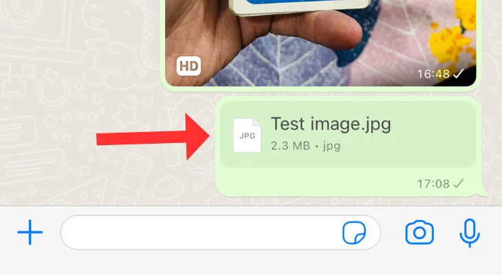 Hộp trò chuyện WhatsApp hiển thị một hình ảnh được gửi dưới dạng tài liệu