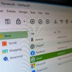 KeePassXC open on a computer screen, with several online accounts listed in the database.