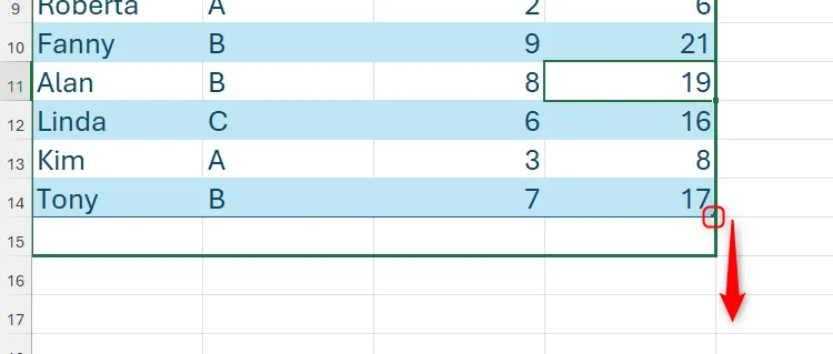 Kéo tay cầm điền bảng Excel để mở rộng tự động định dạng cho hàng và cột mới.