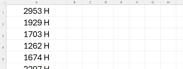 Kết quả hiển thị số với ký tự H ở cuối sau khi áp dụng định dạng Custom trong Excel