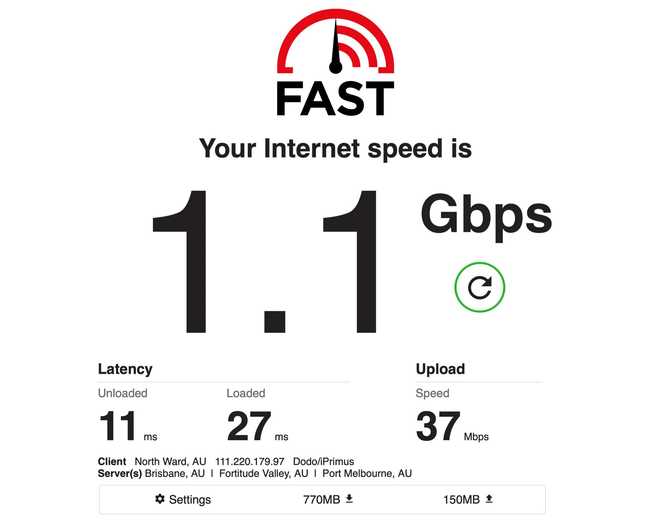 Kết quả kiểm tra tốc độ internet 1.1Gbps sử dụng Fast.com