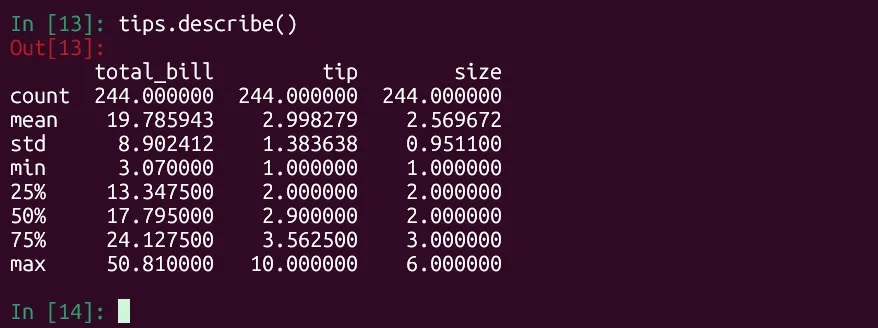 Kết quả lệnh tips.describe() trong IPython hiển thị thống kê mô tả cho các cột số trong DataFrame của Pandas, bao gồm trung bình, độ lệch chuẩn, phân vị.