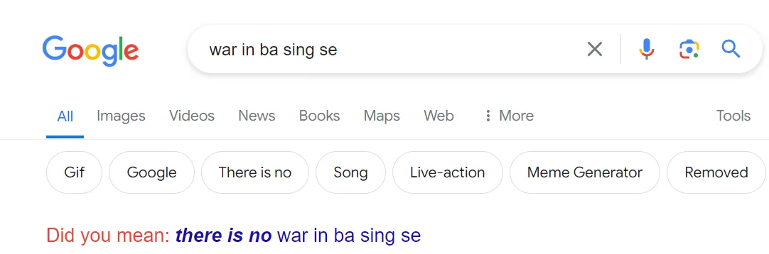 Kết quả tìm kiếm Google cho &quot;war in Ba Sing Se&quot; với gợi ý &quot;Did you mean there is no war in Ba Sing Se?&quot;