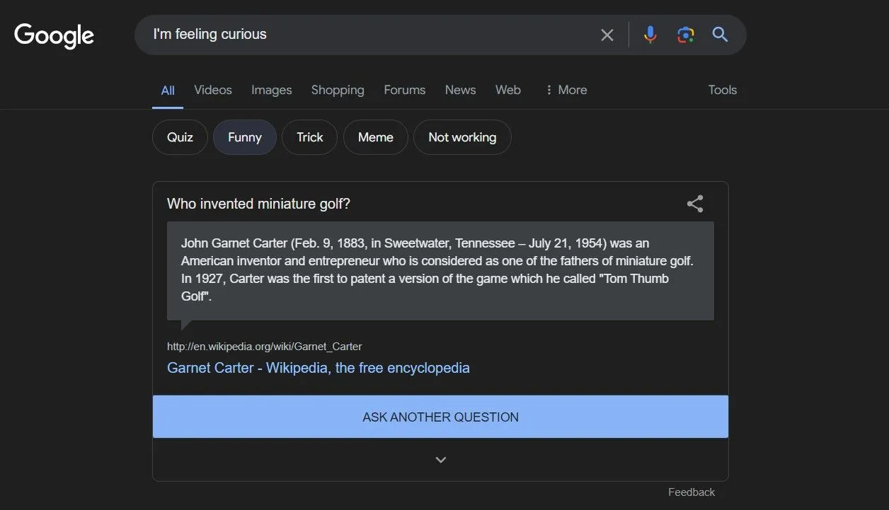 Kết quả tìm kiếm 'I'm Feeling Curious' trên Google hiển thị một thông tin ngẫu nhiên thú vị.