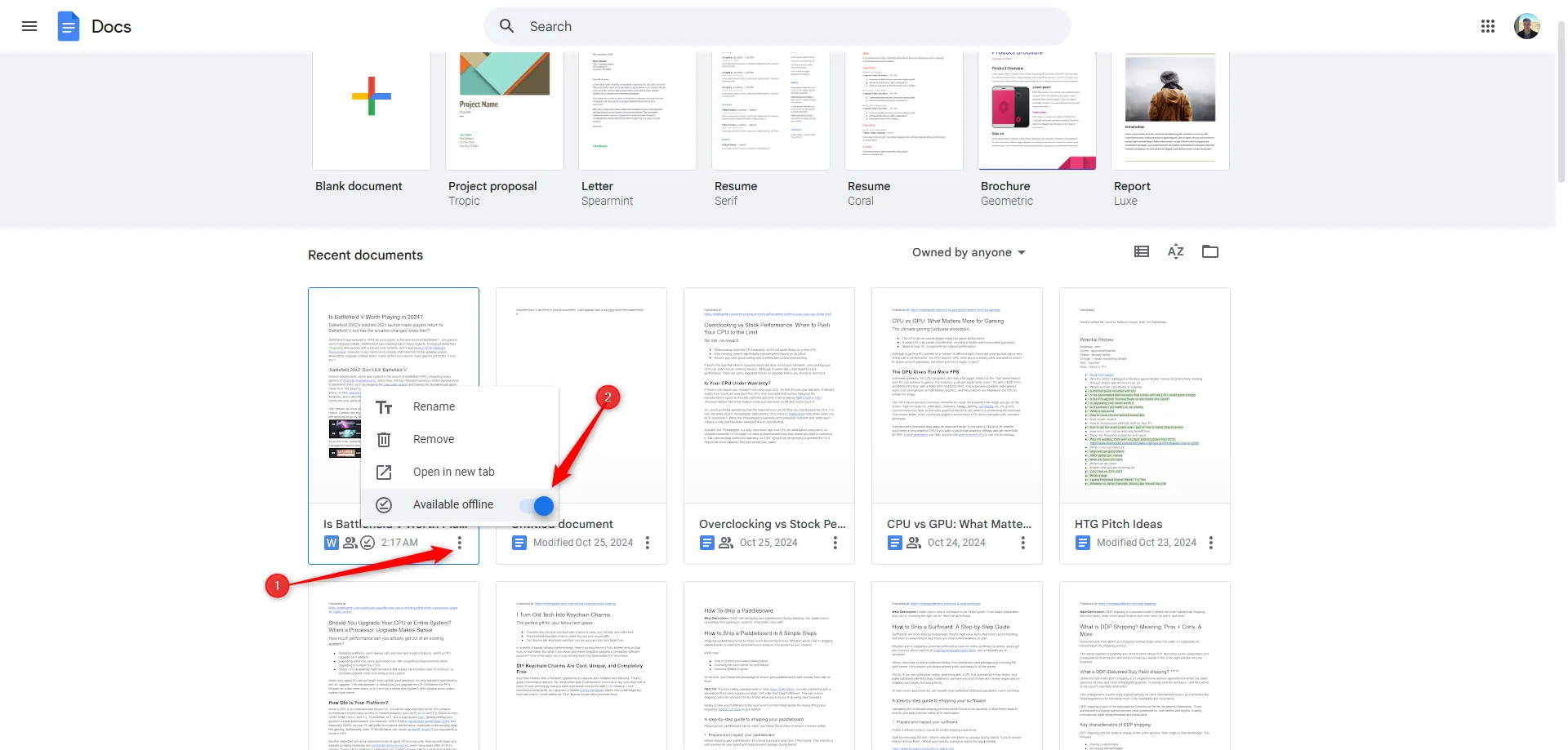 Kích hoạt chế độ &quot;Có sẵn ngoại tuyến&quot; cho từng tài liệu Google Docs