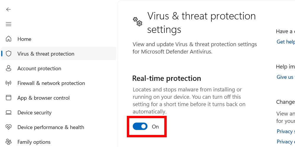 Kích hoạt tính năng bảo vệ thời gian thực của Microsoft Defender trong Windows Security.