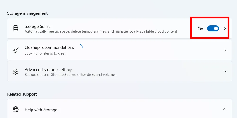 Kích hoạt tính năng Storage Sense để quản lý không gian lưu trữ trên Windows.