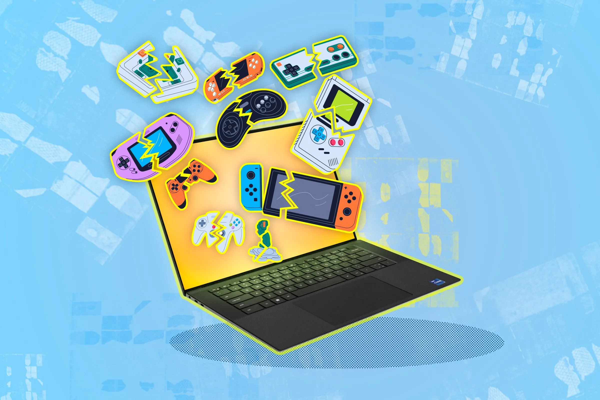 Laptop và các tay cầm chơi game hỏng, tượng trưng cho khả năng giả lập game trên PC.