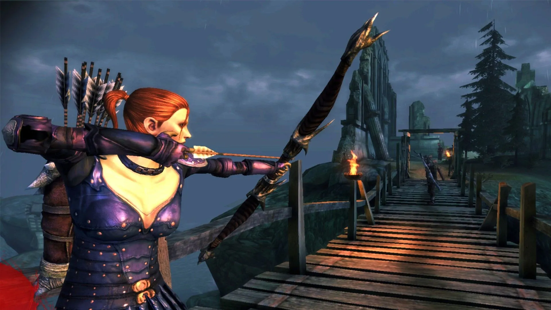Leliana chuẩn bị bắn cung tên trong phân cảnh từ Dragon Age Origins