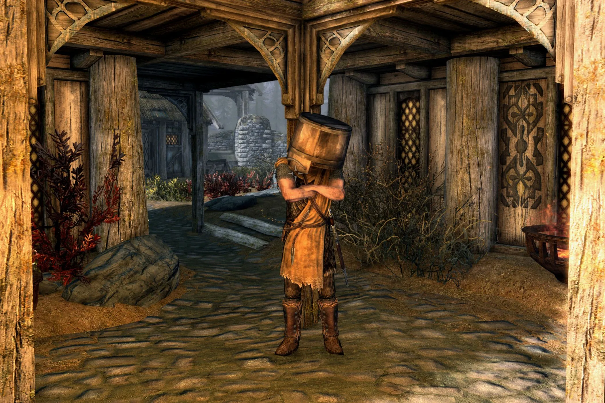 Lính gác trong Skyrim bị che mặt bởi chiếc xô, minh họa lỗi hài hước trong game