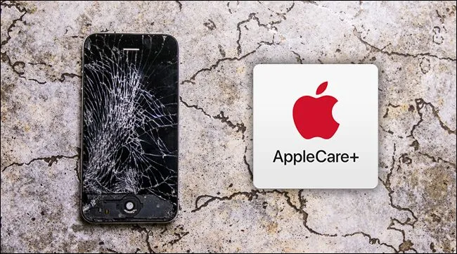 Logo AppleCare+ bên cạnh một chiếc iPhone bị vỡ màn hình.