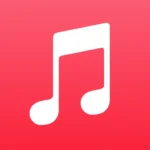 Logo ứng dụng Apple Music trên điện thoại với nền màu hồng và nốt nhạc trắng