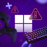 Logo Windows với các biểu tượng tay cầm chơi game và bàn phím, kèm theo dấu chấm than cảnh báo xung quanh