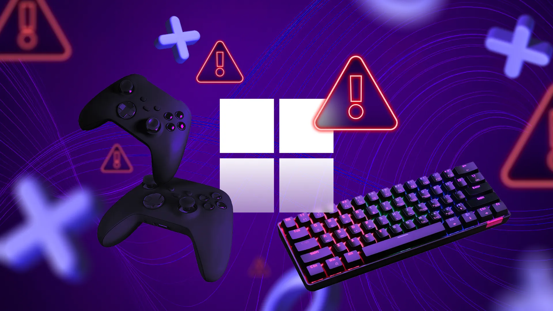 Logo Windows với các biểu tượng tay cầm chơi game và bàn phím, kèm theo dấu chấm than cảnh báo xung quanh