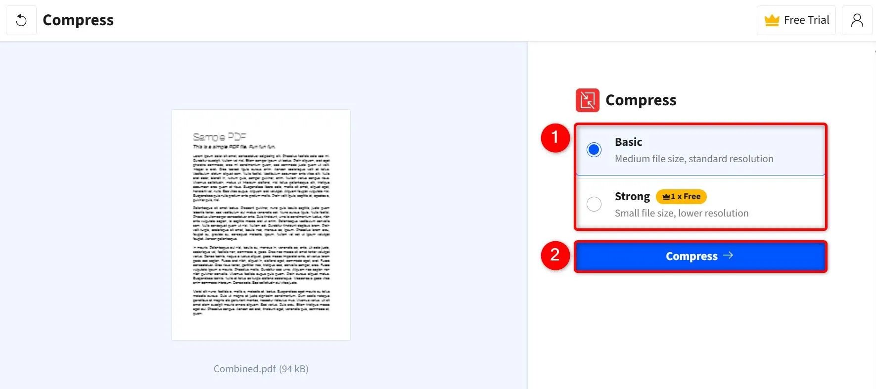 Lựa chọn mức độ nén &quot;Basic&quot; hoặc &quot;Strong&quot; trên giao diện công cụ nén PDF của Smallpdf
