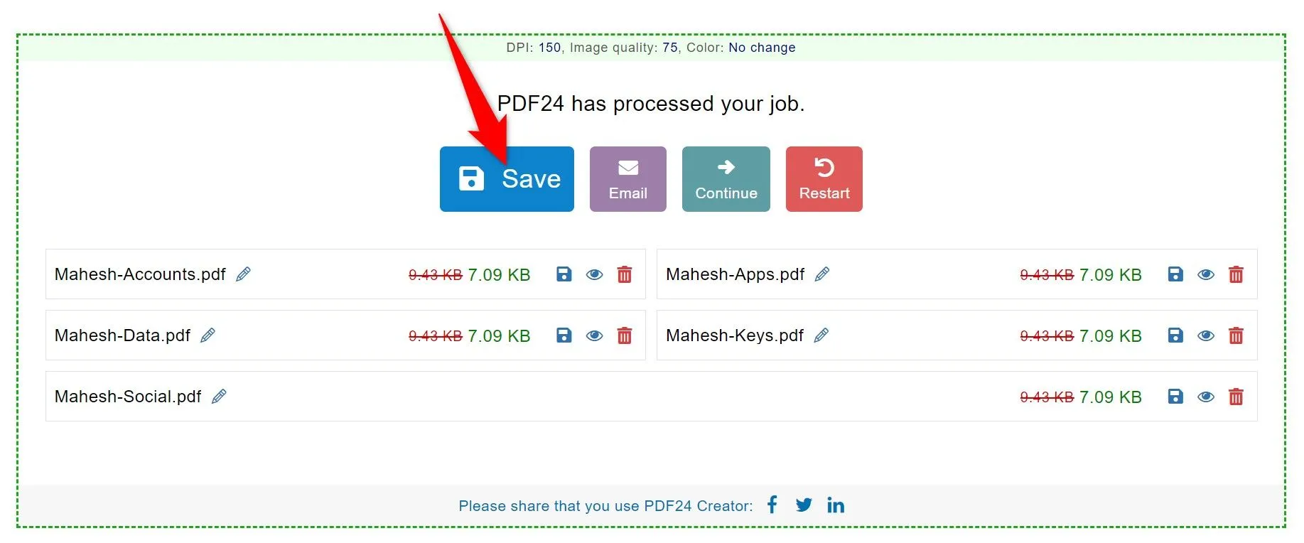 Lựa chọn thư mục để lưu các file PDF đã được nén bằng PDF24 Creator