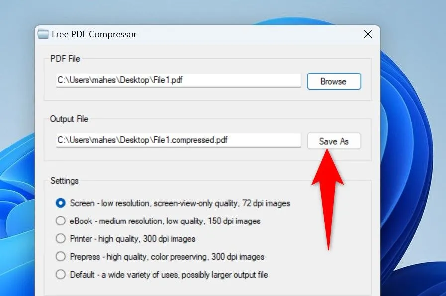 Lựa chọn vị trí lưu file PDF đã nén trong Free PDF Compressor
