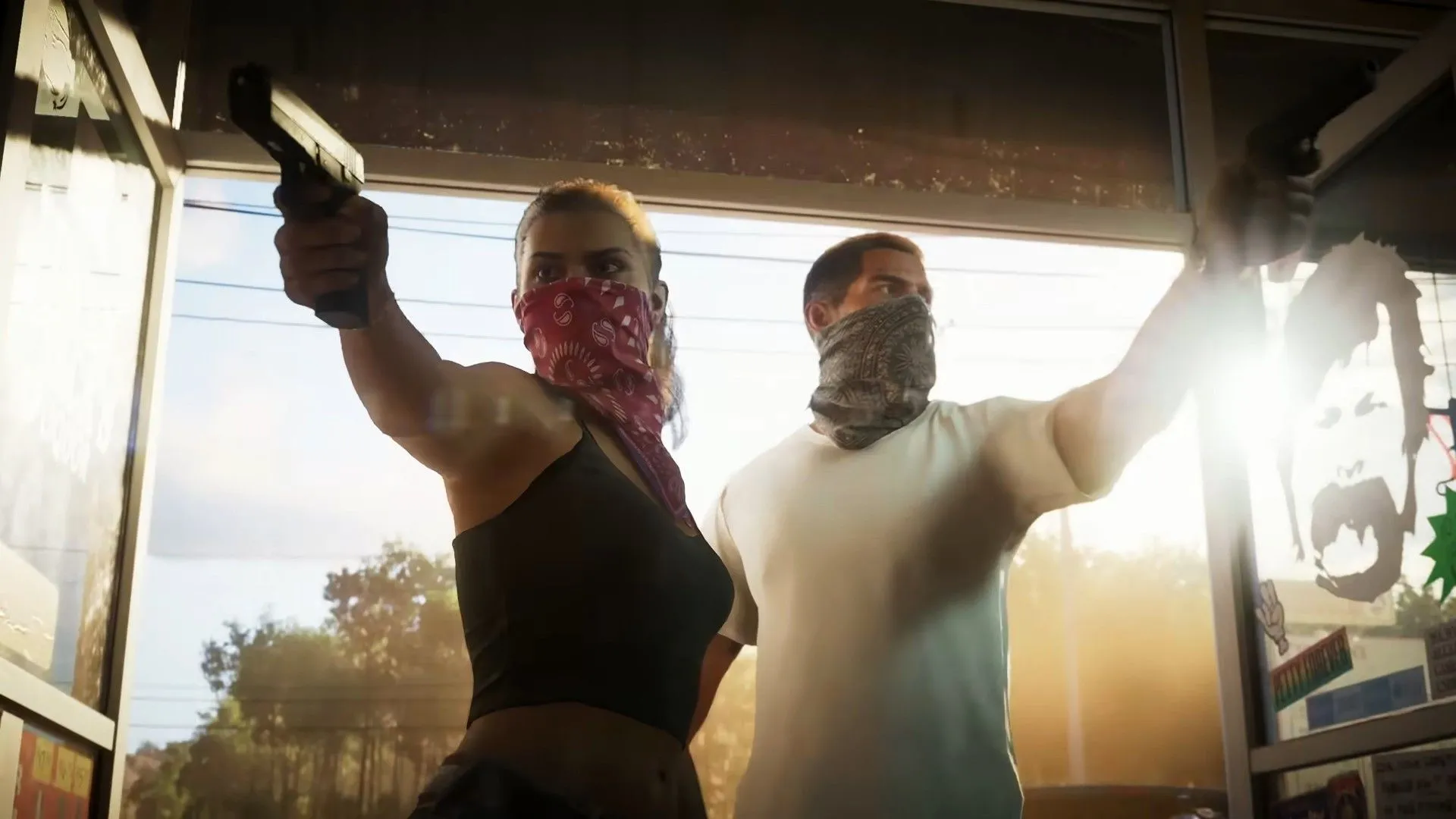 Lucia và Jason bước qua cửa trạm xăng với vũ khí trong GTA VI, thể hiện bối cảnh hành động
