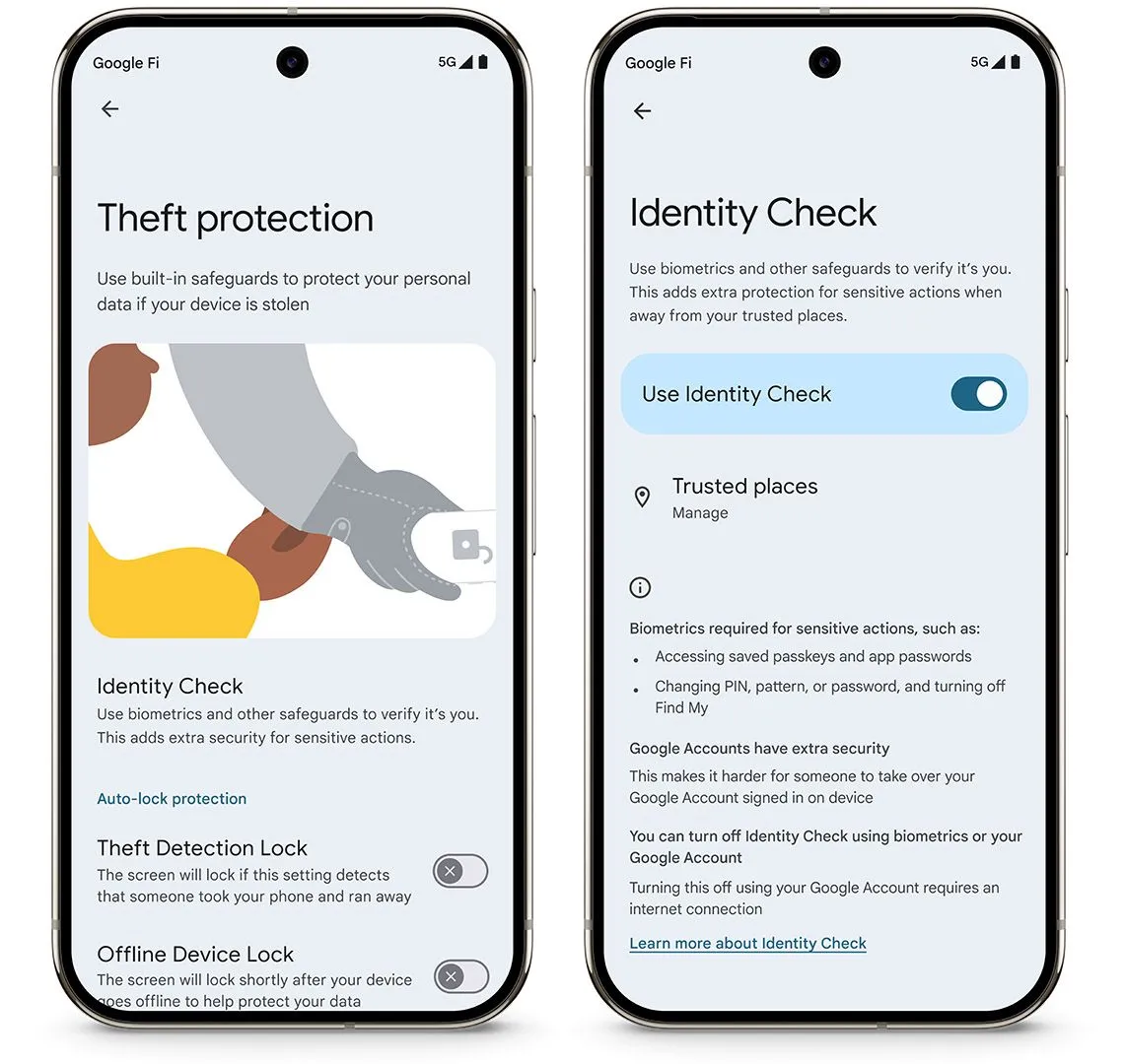 Màn hình cài đặt Identity Check để bảo vệ chống trộm trên Android
