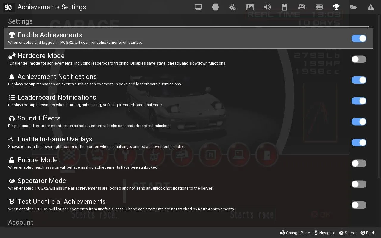 Màn hình cài đặt RetroAchievements trong phần mềm giả lập PCSX2