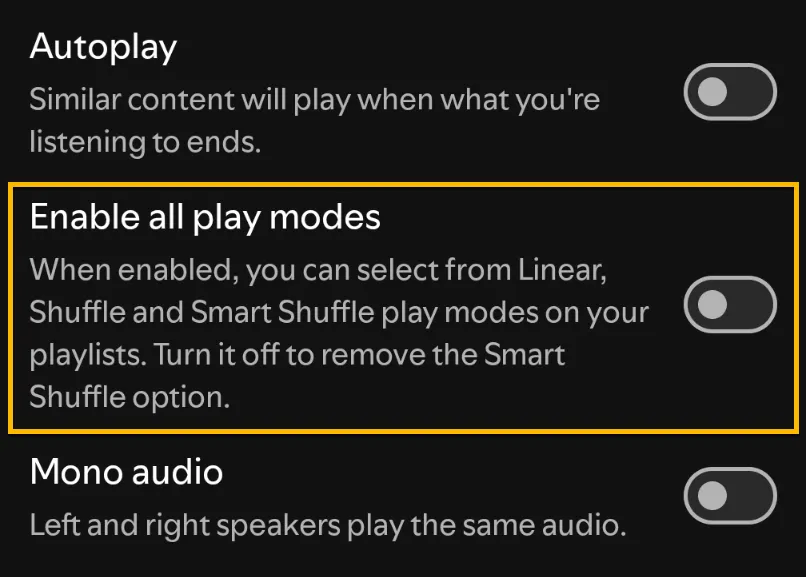 Màn hình cài đặt Spotify hiển thị tùy chọn bật tắt chế độ phát Smart Shuffle