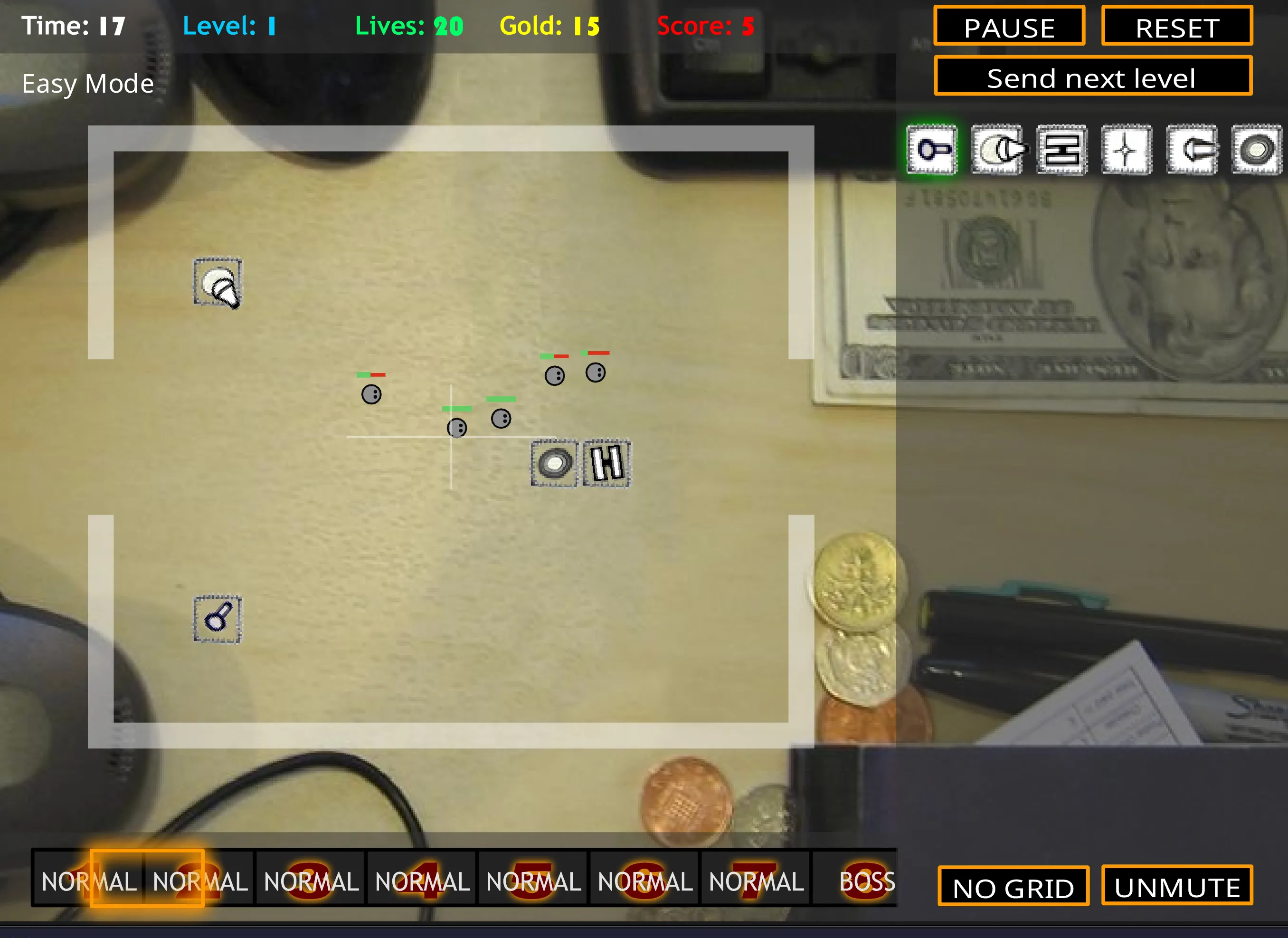 Màn hình cấp độ khởi đầu của game chiến thuật thủ thành Desktop Tower Defense, hiển thị bản đồ và các tháp phòng thủ.