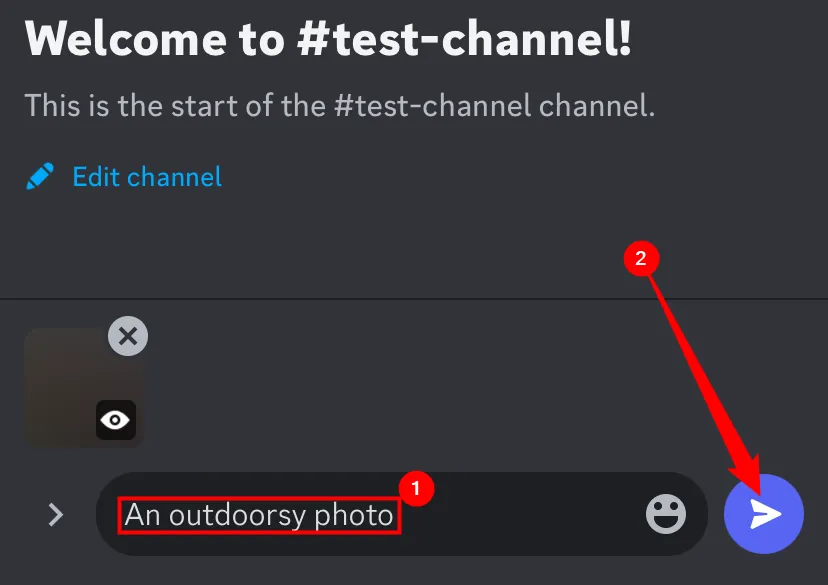 Màn hình chat Discord với ảnh đã được chú thích và sẵn sàng gửi đi dưới dạng spoiler.