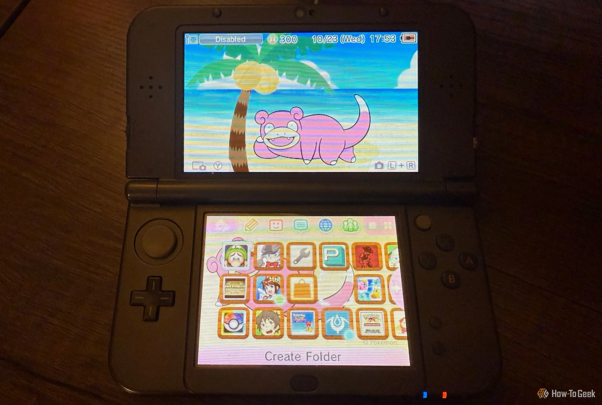 Màn hình chính của New Nintendo 3DS XL với chủ đề Slowpoke, minh chứng cho việc chơi game tốt trên màn hình nhỏ