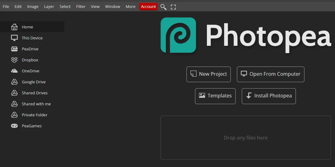 Màn hình chính của Photopea, công cụ chỉnh sửa ảnh miễn phí giống Photoshop