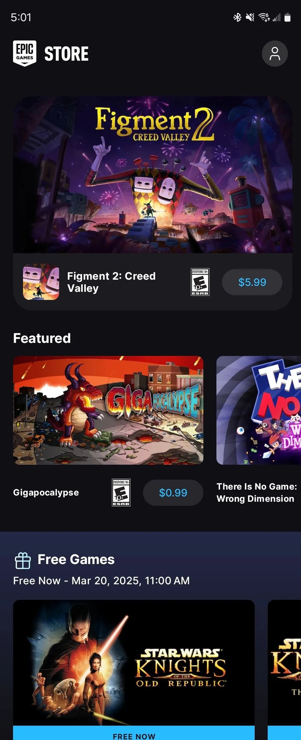 Màn hình chính của ứng dụng Epic Games Store trên Android, hiển thị các tựa game nổi bật.