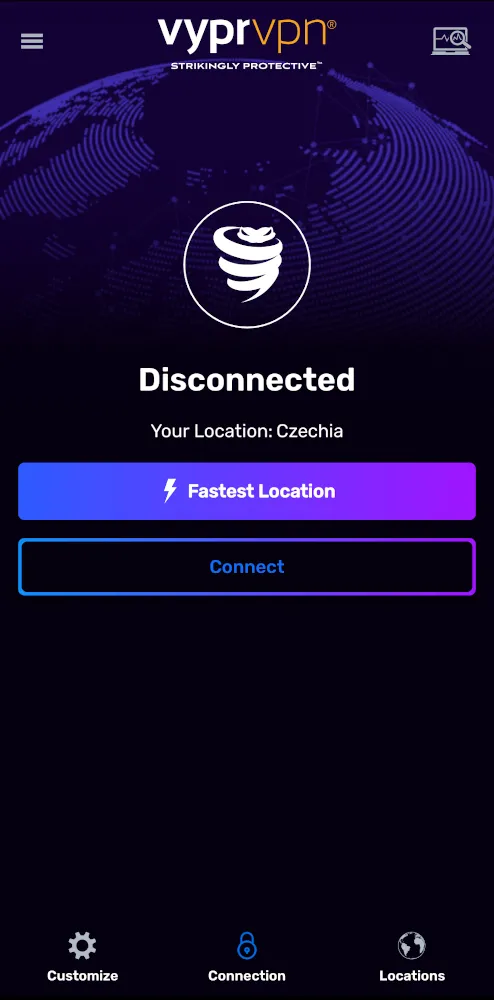 Màn hình chính ứng dụng VyprVPN với giao diện người dùng mới