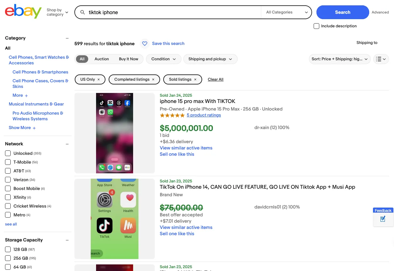 Màn hình eBay rao bán iPhone đã cài TikTok với giá ảo lên tới 5 triệu USD