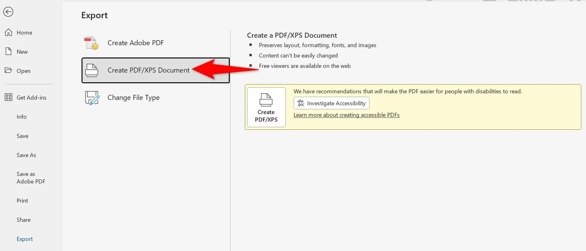Màn hình &quot;File &gt; Export&quot; trong Microsoft Word, chọn tùy chọn tạo PDF/XPS