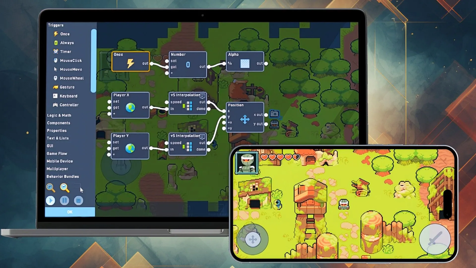 Màn hình Flowlab Game Creator đang thiết kế một màn chơi game, minh họa công cụ tạo game trực tuyến cho Android