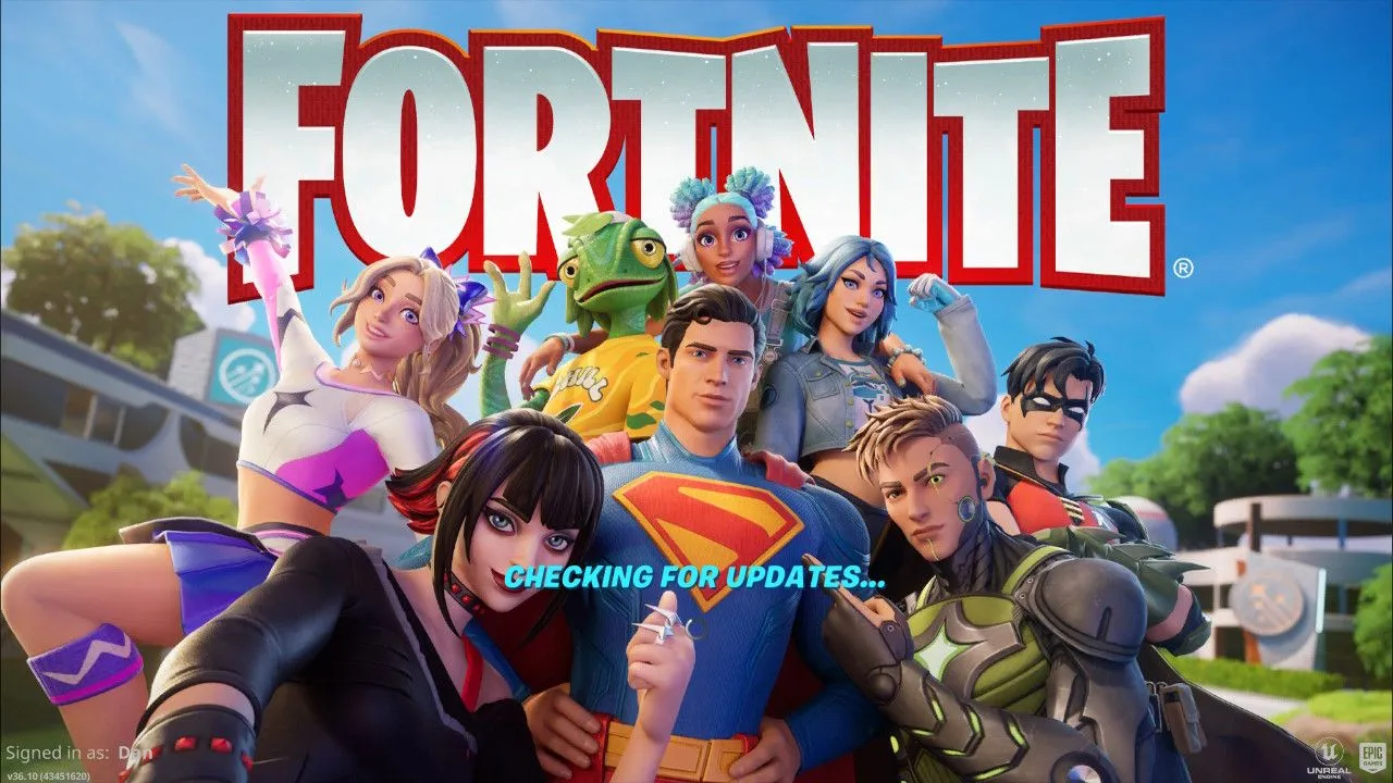 Màn hình Fortnite đang kiểm tra cập nhật, minh họa thời gian chờ đợi.