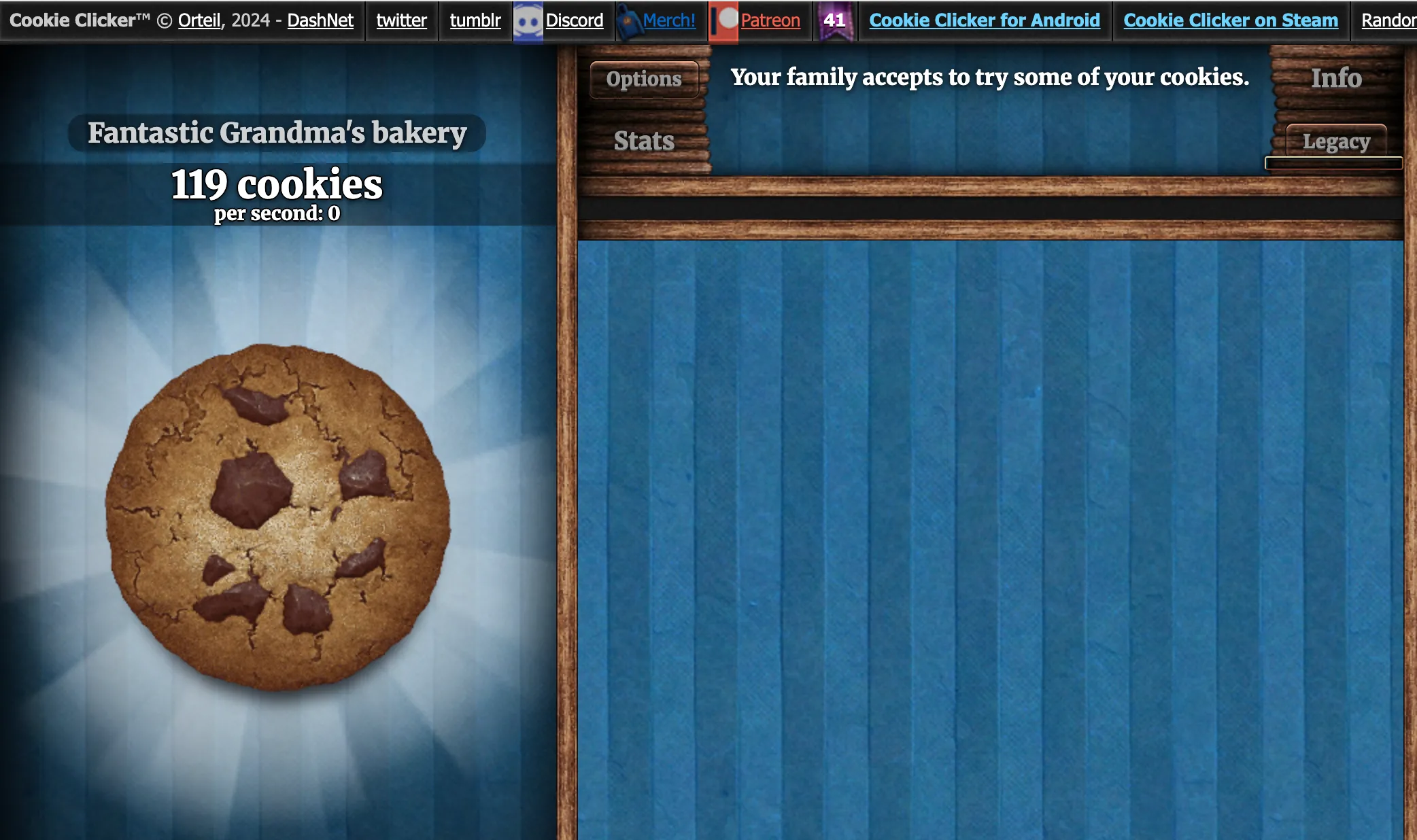 Màn hình game Cookie Clicker hiển thị số lượng bánh quy và các nâng cấp để tự động hóa quá trình sản xuất.