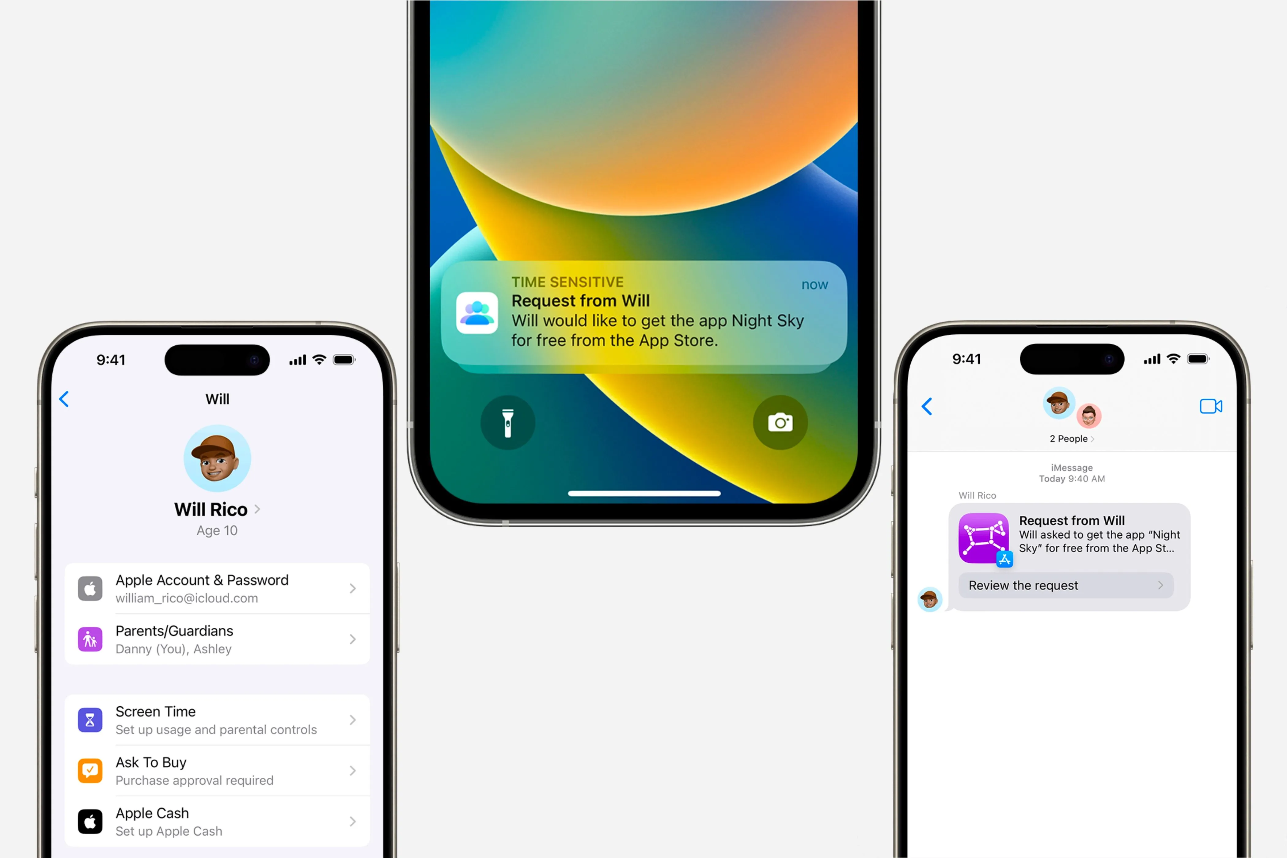 Màn hình iPhone hiển thị cài đặt và thông báo tính năng &quot;Hỏi trước khi mua&quot; (Ask to Buy) trong Family Sharing.