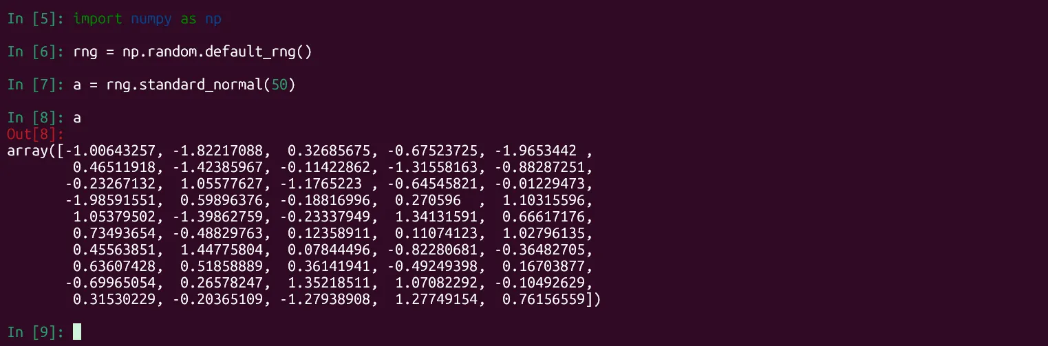Màn hình IPython hiển thị lệnh tạo mảng 50 số ngẫu nhiên theo phân phối chuẩn bằng thư viện NumPy, ví dụ về tạo dữ liệu thử nghiệm trong Python.