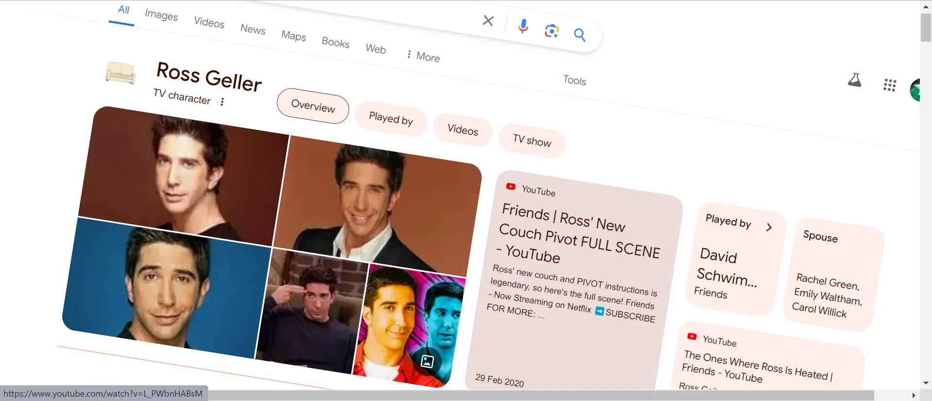 Màn hình kết quả tìm kiếm Google cho "Ross Geller" với hình ảnh ghế sofa và hiệu ứng "Pivot!"