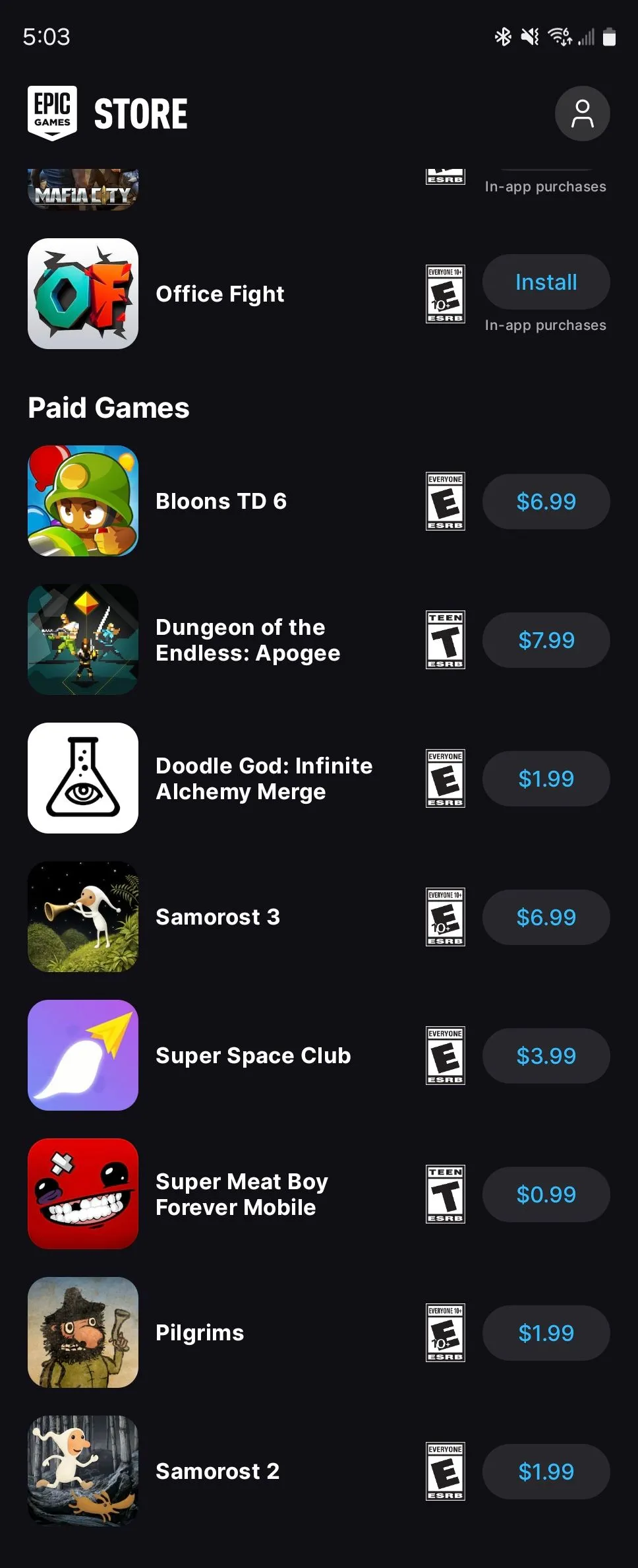 Màn hình khám phá game trong Epic Games Store Android, cho thấy các gợi ý game được lựa chọn kỹ lưỡng.
