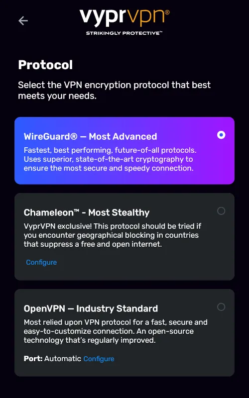 Màn hình lựa chọn các giao thức bảo mật khác nhau trong ứng dụng VyprVPN