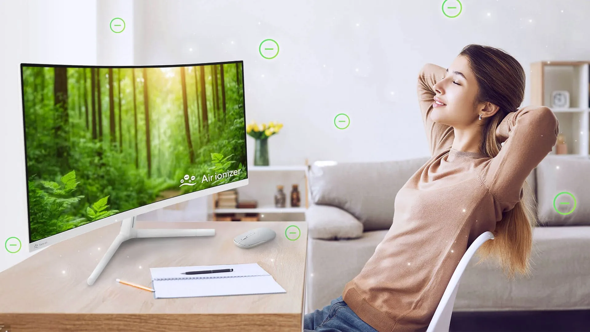 Màn hình máy tính ASUS Air Ionizer trên bàn làm việc, hiển thị công nghệ khử mùi
