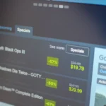 Màn hình máy tính hiển thị giao diện Steam với các chương trình khuyến mãi game hấp dẫn.
