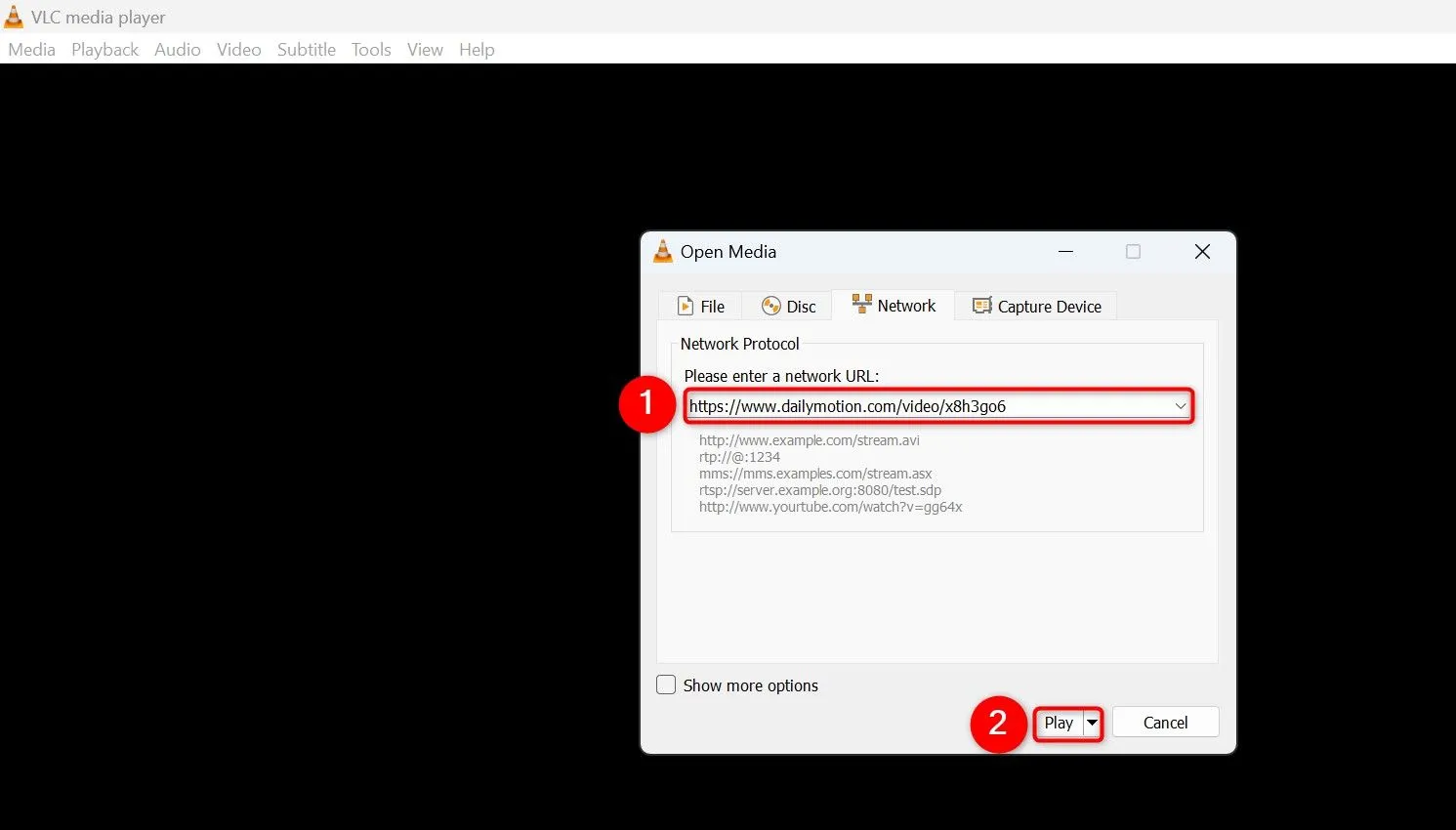 Màn hình &quot;Mở Media&quot; trong VLC cho phép phát video trực tuyến bằng cách dán URL.