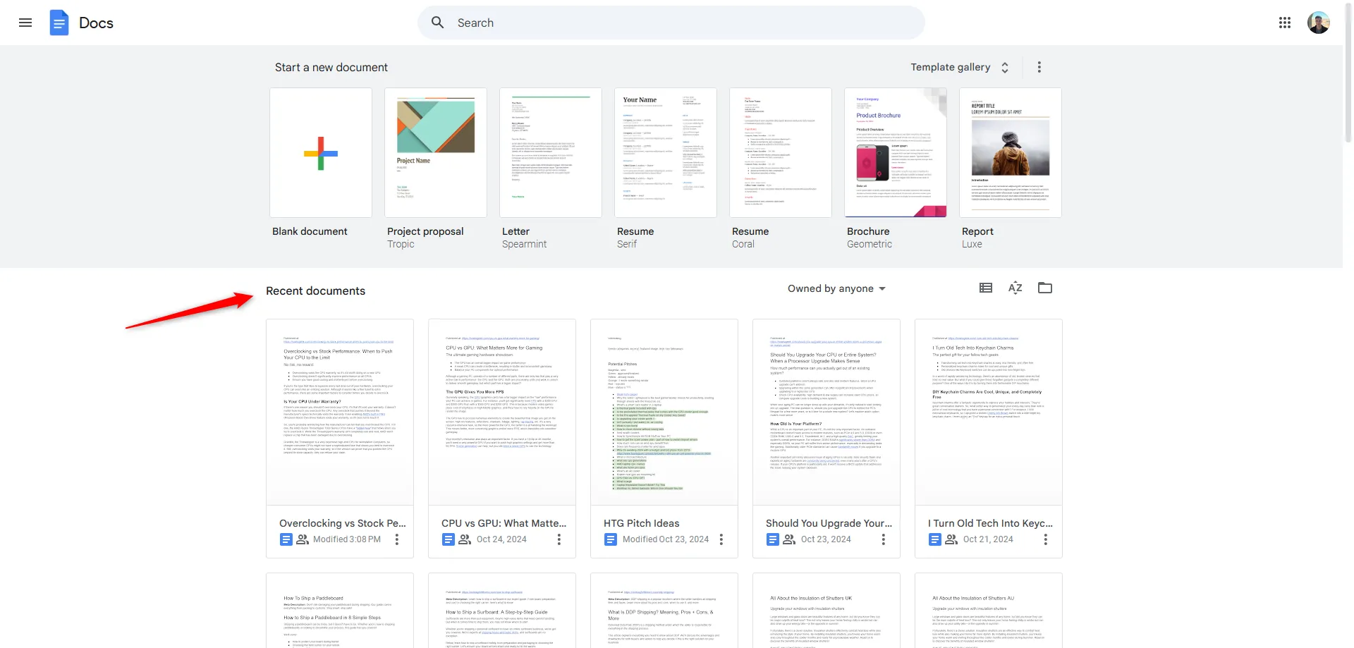 Màn hình &quot;Mở trình chọn tệp&quot; trong Google Docs để tải lên tài liệu Word